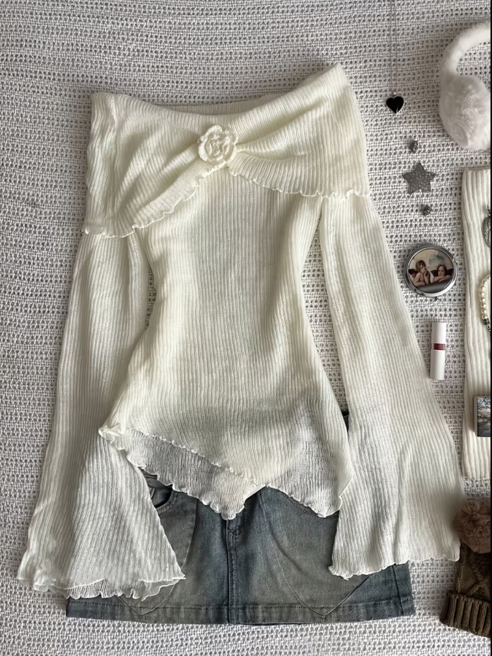 Elegant Off-Shoulder Cream Ribbed Knit Top
